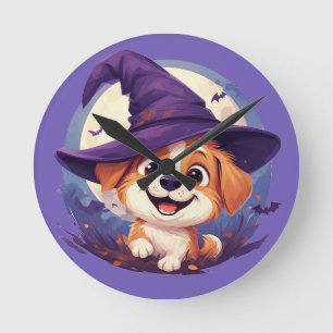 Adorable Dog in Witch Hat Round Clock