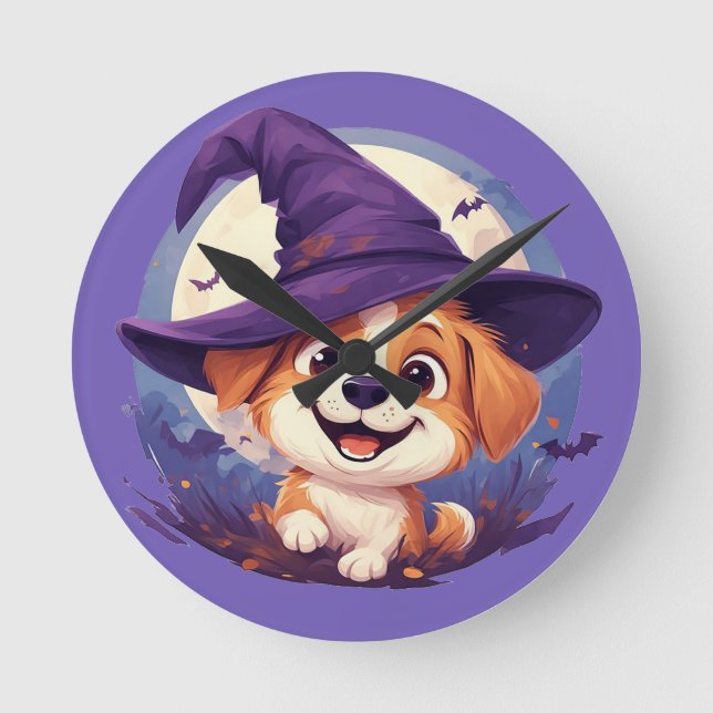 Adorable Dog in Witch Hat Round Clock (Front)