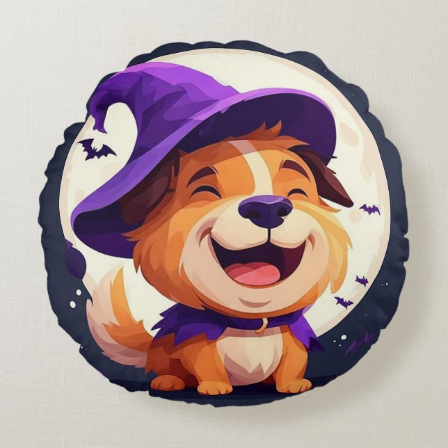 Adorable Dog in Witch Hat Round Cushion (Front)
