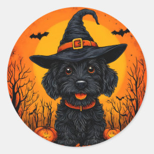 Adorable Dog in Witch Hat with Halloween Classic Round Sticker