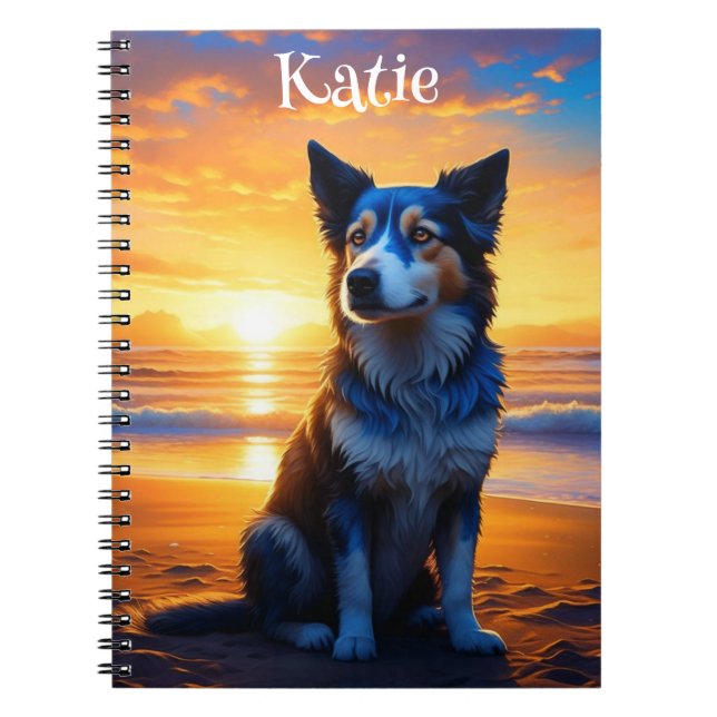 Adorable Dog sitting on the Ocean Beach at Sunset Notebook (Front)
