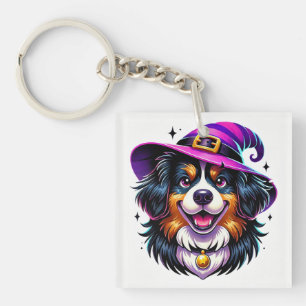 Adorable Dog Wearing a Witch Hat Key Ring