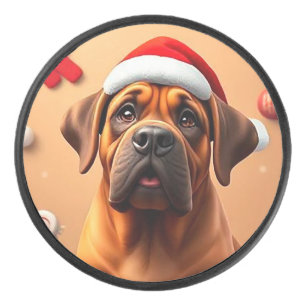 Adorable Dog Wearing Santa Hat Hockey Puck