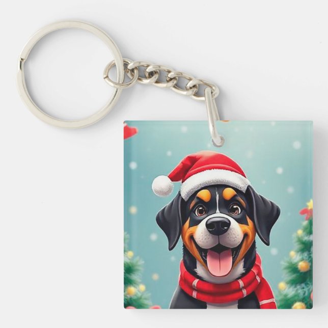 Adorable Dog Wearing Santa Hat Key Ring (Front)
