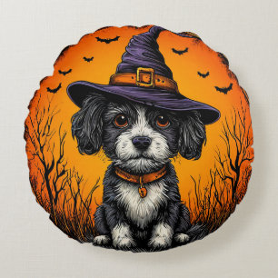 Adorable Dog Wearing Witch Hat Round Cushion