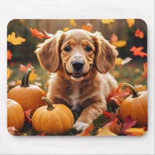 Adorable Dog with Autumn Leaves & Pumpkins  Mouse Pad