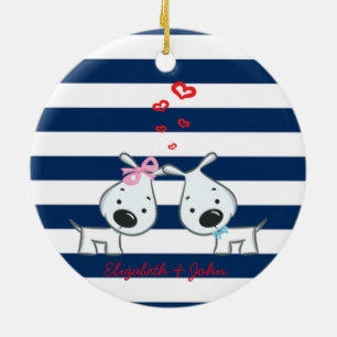 Adorable Dogs In Love on Striped-Personalised Ceramic Ornament