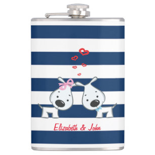 Adorable Dogs In Love on Striped-Personalised Hip Flask