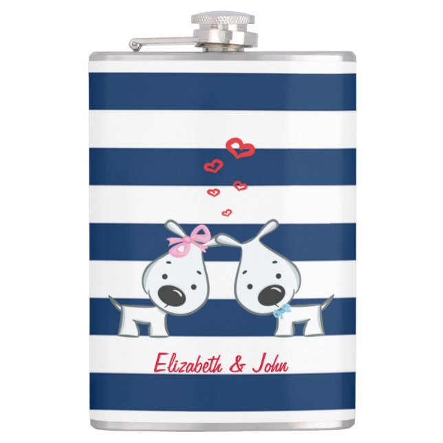 Adorable Dogs In Love on Striped-Personalised Hip Flask (Front)
