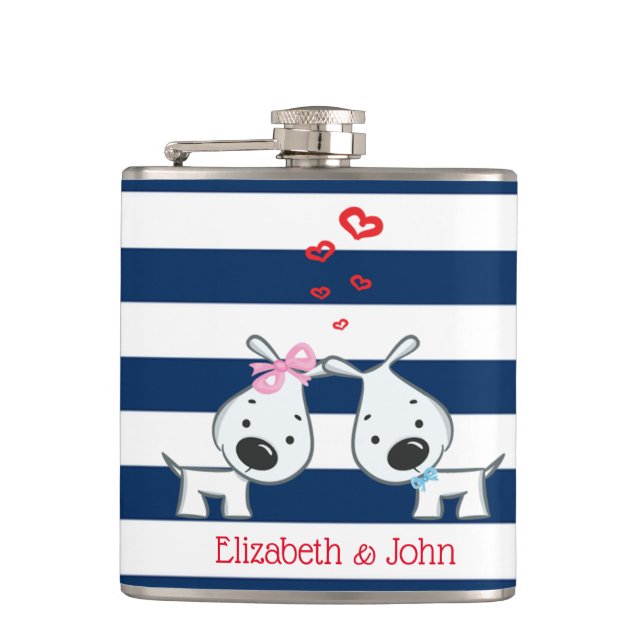 Adorable Dogs In Love on Striped-Personalised Hip Flask (Front)