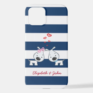 Adorable Dogs In Love on Striped-Personalised   iPhone 12 Case