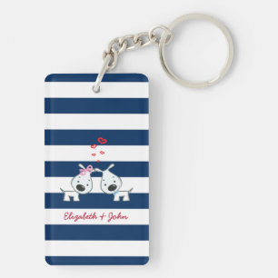 Adorable Dogs In Love on Striped-Personalised Key Ring
