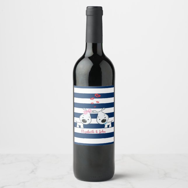 Adorable Dogs In Love on Stripes-Personalised   Wine Label (Front)