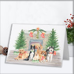 Adorable Dogs Pet Dog Lover Christmas Fireplace Holiday Card<br><div class="desc">Send christmas greetings this holiday season with this cute dogs, cats, puppies and kittens in a watercolor design. This animal lover holiday card features dogs, yellow labrador retriever, border collie, golden retriever, pomeranian, beagle and a husky malamute a fireplace scene with holiday trees, stockings and presents. Personalize with family name....</div>