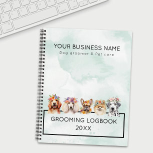 Adorable dogs with flower crown, watercolor green notebook