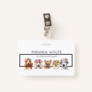 Adorable dogs with flower crown, watercolor Name ID Badge