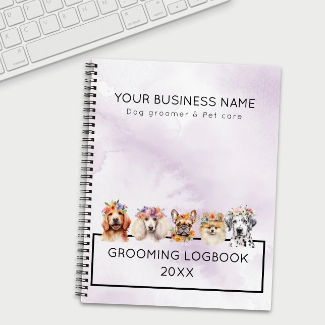 Adorable dogs with flower crown, watercolor purple notebook (Creator Uploaded)