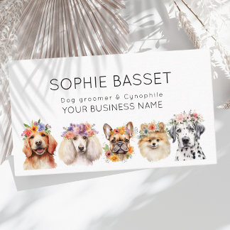 Adorable dogs with flower crown, watercolor white  business card