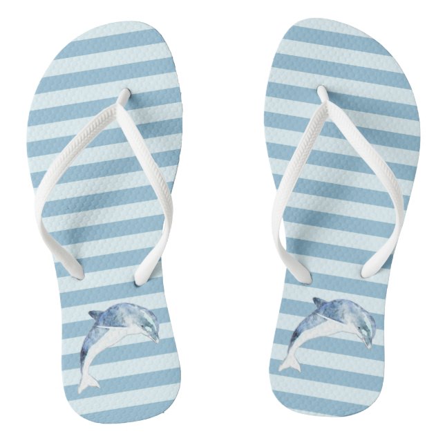 Adorable Dolphin On Light Blue  Stripes Thongs (Footbed)