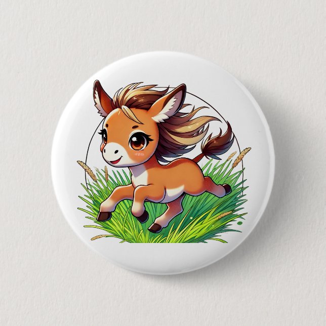 Adorable  donkey happily running 6 cm round badge (Front)