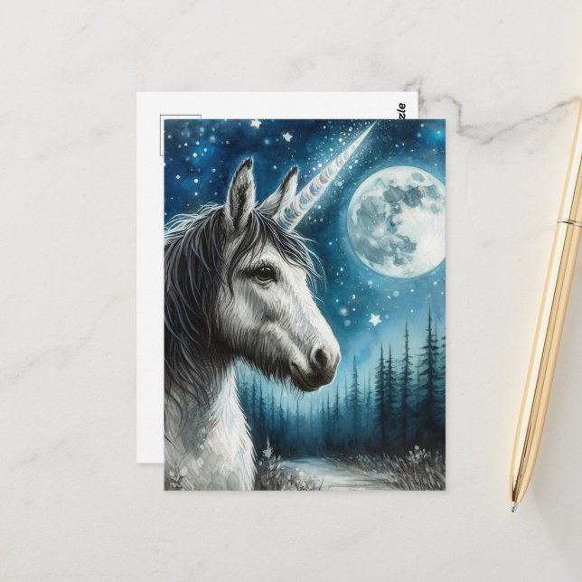 Adorable Donkey Unicorn with Moon Postcard (Front/Back In Situ)