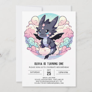 Adorable Dragon 1st Birthday Invitation