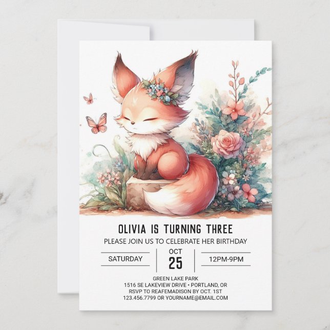 Adorable Dreamy Fox Birthday digital Invitation (Front)