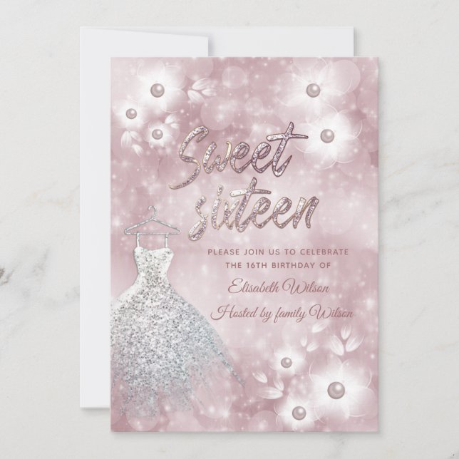 Adorable dress bokeh pearl floral sweet sixteen invitation (Front)