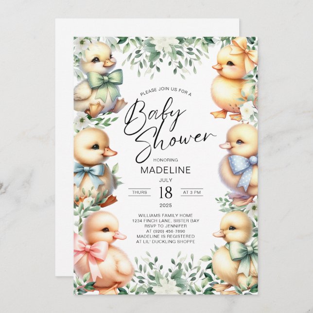 Adorable Duck Greenery Baby Shower Invitation (Front/Back)