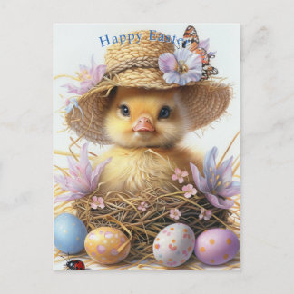Adorable Duckling Straw Hat Easter Egg Flowers Postcard