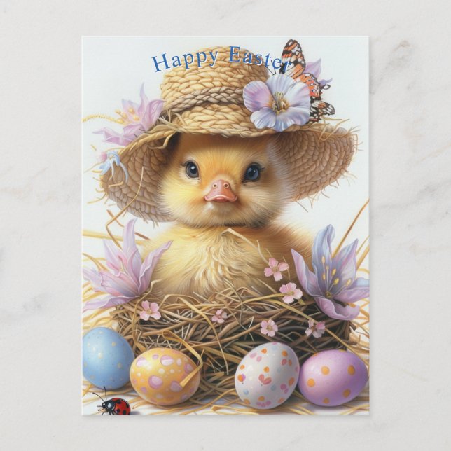Adorable Duckling Straw Hat Easter Egg Flowers Postcard (Front)