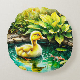 Adorable Duckling Swimming in a Tranquil Garden Round Cushion