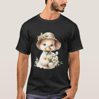 Adorable Duckling with Flowers Illustration T-Shirt