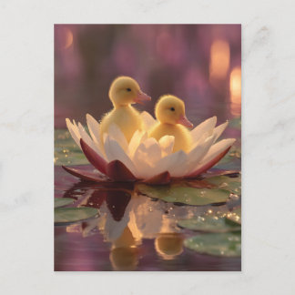 Adorable Ducklings in a Water Lily Flower Holiday Postcard