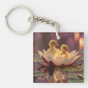 Adorable Ducklings in a Water Lily Flower Key Ring