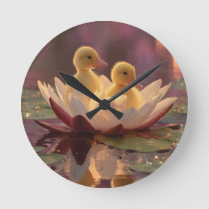 Adorable Ducklings in a Water Lily Flower Round Clock