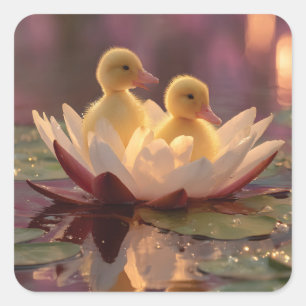 Adorable Ducklings in a Water Lily Flower Square Sticker