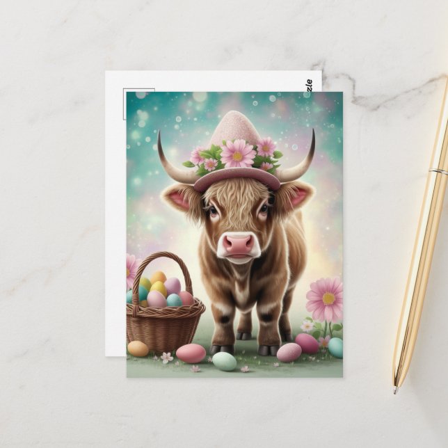 Adorable Easter Brown Highland Cow Postcard (Front/Back In Situ)