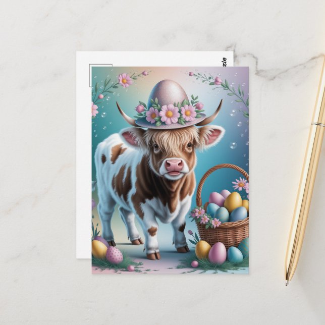 Adorable Easter Brown Spotted Highland Cow Postcard (Front/Back In Situ)