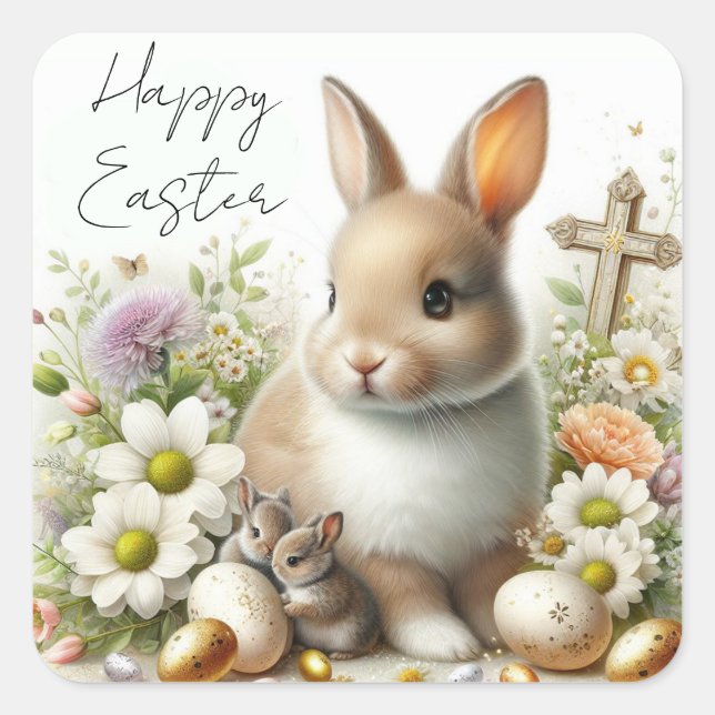 Adorable Easter Bunnies, Easter Eggs, Flowers  Square Sticker (Front)