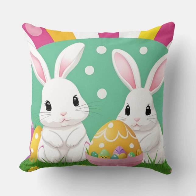 Adorable Easter Bunnies with Decorative Eggs Cushion (Front)