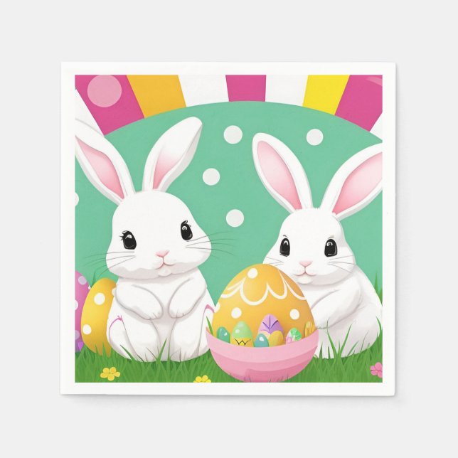 Adorable Easter Bunnies with Decorative Eggs Napkin (Front)