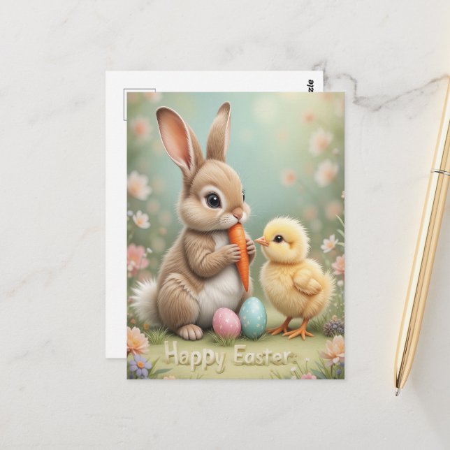 Adorable Easter Bunny and Chick Spring Greeting  Postcard (Front/Back In Situ)