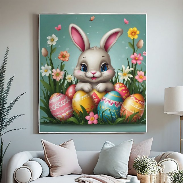 Adorable Easter Bunny Colourful Eggs Spring Flower Poster (Creator Uploaded)