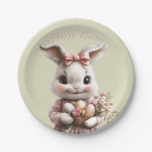 Adorable Easter Bunny Pink Bow Coloured Eggs Paper Plate