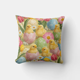 Adorable Easter Chicks & Floral Eggs Pattern Cushion