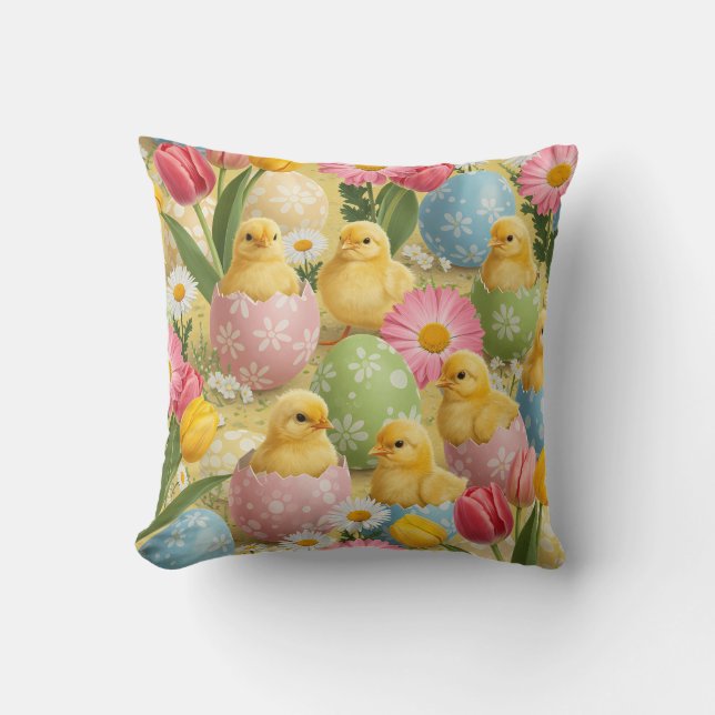 Adorable Easter Chicks & Floral Eggs Pattern Cushion (Front)