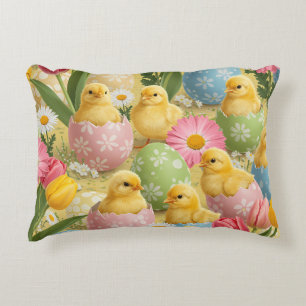 Adorable Easter Chicks & Floral Eggs Pattern Decorative Cushion