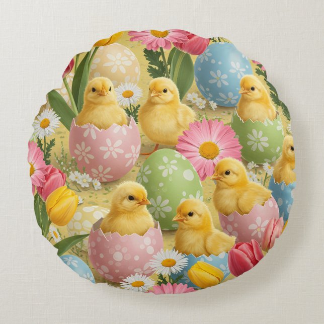 Adorable Easter Chicks & Floral Eggs Pattern Round Cushion (Front)