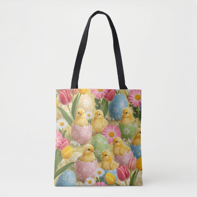 Adorable Easter Chicks & Floral Eggs Pattern Tote Bag (Front)